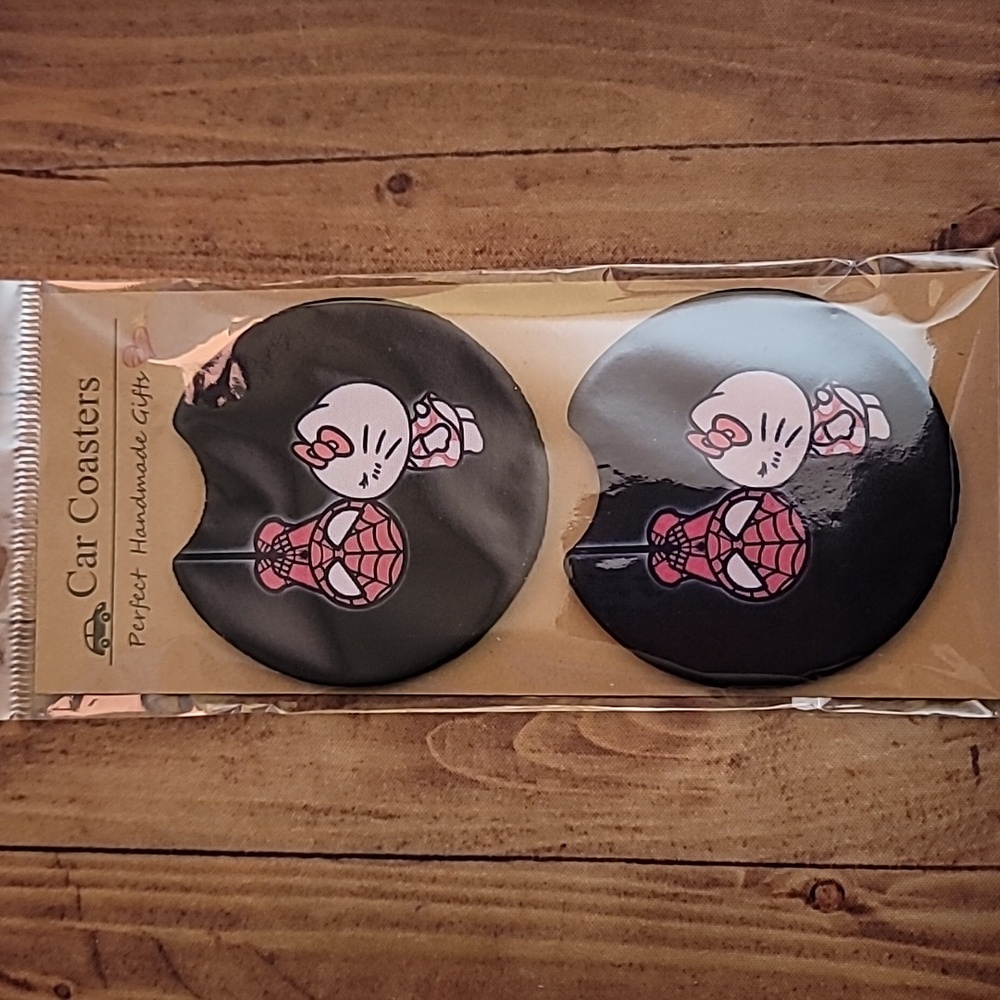 Kitty Cat and Spiderboy  Handmade Reuseable Set of 2 Car Cup Holder Coasters